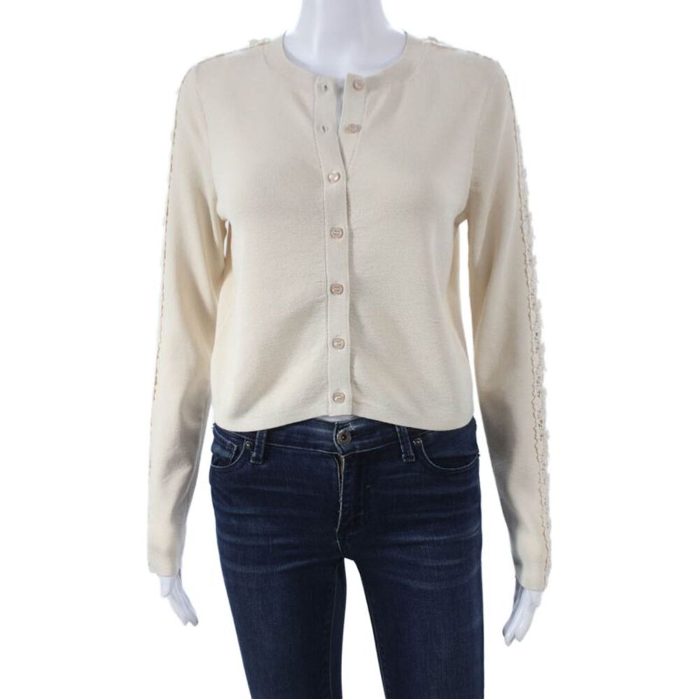 Cami Womens Cardigan Ivory Cotton Blend Long Sleeve Round Neck Size XS